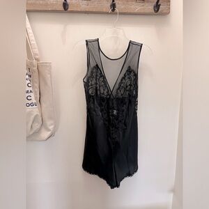 Frederick’s of Hollywood black satin lingerie lace teddy S